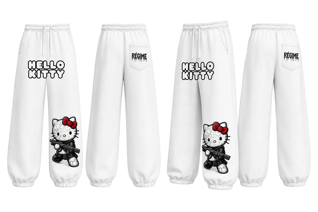 Four white sweatpants shown from different angles on a transparent checkered background. Two pants feature a large Hello Kitty graphic on the lower left leg with the text 'HELLO KITTY' above it, and two pants feature a small 'REGIME' logo on the upper right leg.