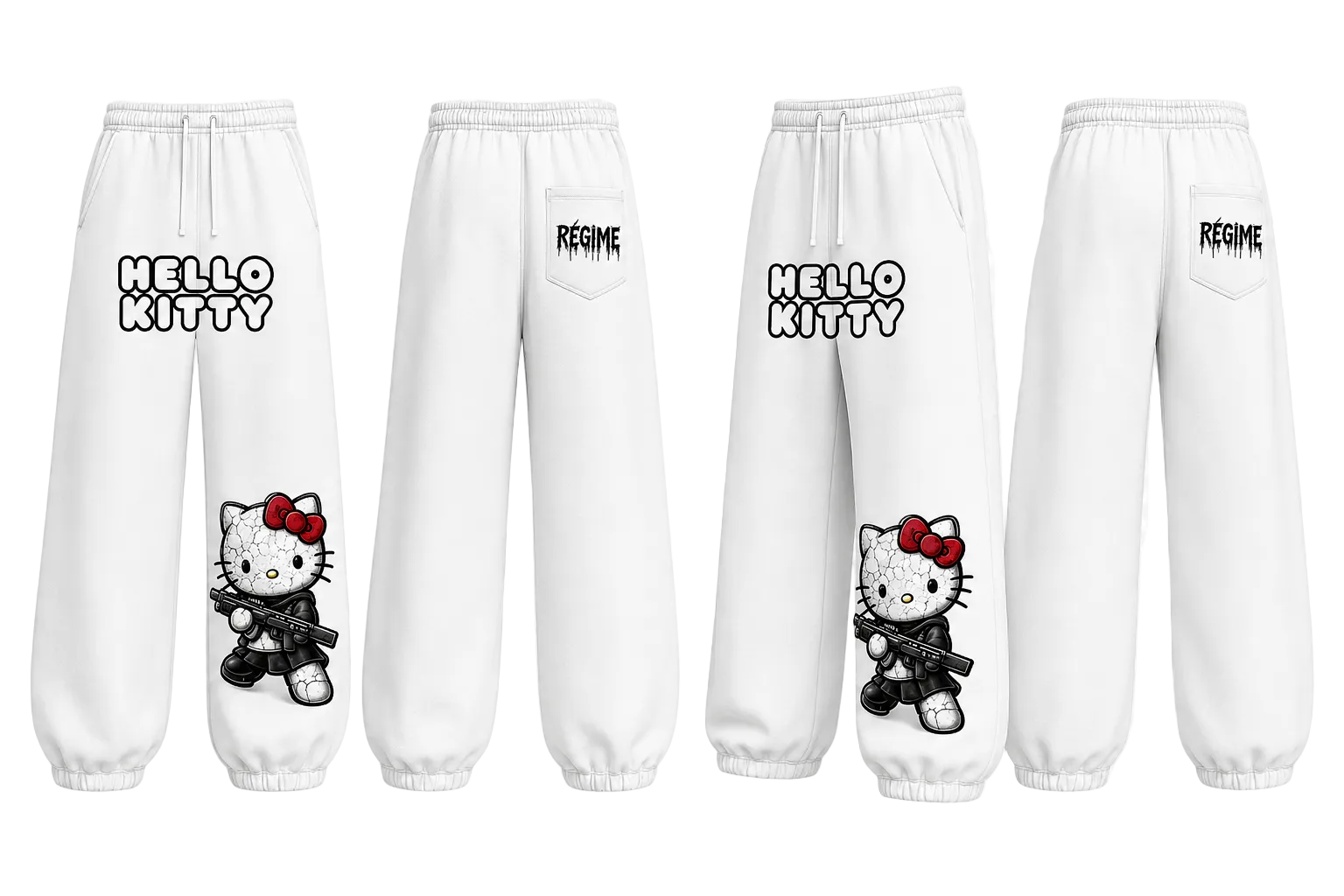 Four white sweatpants shown from different angles on a transparent checkered background. Two pants feature a large Hello Kitty graphic on the lower left leg with the text 'HELLO KITTY' above it, and two pants feature a small 'REGIME' logo on the upper right leg.