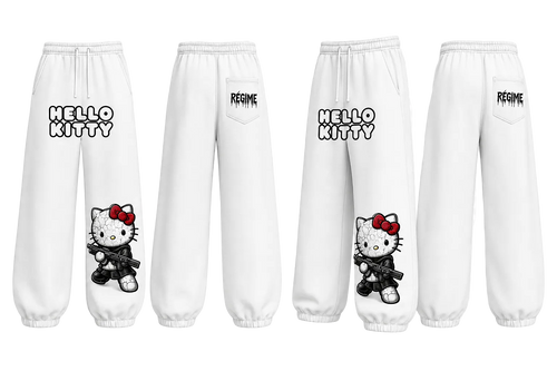 Four white sweatpants shown from different angles on a transparent checkered background. Two pants feature a large Hello Kitty graphic on the lower left leg with the text 'HELLO KITTY' above it, and two pants feature a small 'REGIME' logo on the upper right leg.